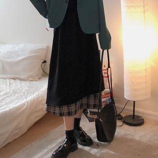 Plaid Panel Midi A-line Layered Skirt As Shown In Figure - One Size