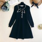 Color-block Trim Long-sleeve A-line Dress