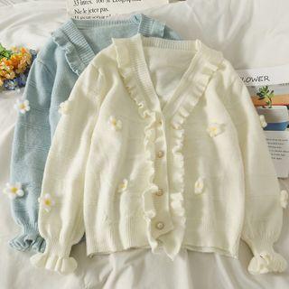 Flower-accent Ruffled Slim Cardigan