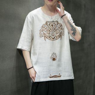 Elbow-sleeve Embroidered Frog-button T-shirt