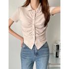 Collared Shirred Button-up Top