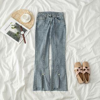 Slit-front Beaded Boot-cut Jeans