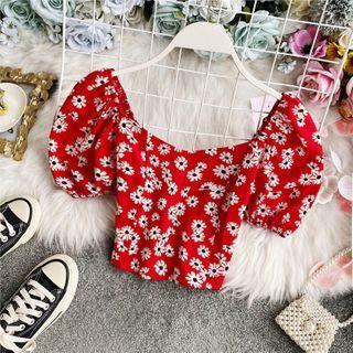 Square-neck Daisy Print Off-shoulder Chiffon Blouse