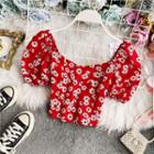 Square-neck Daisy Print Off-shoulder Chiffon Blouse