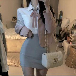 Plain Shirt / Ribbon Neck Tie / Mini Pencil Skirt / Blazer