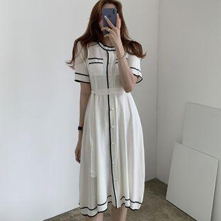 Contrast Trim Short-sleeve Midi A-line Knit Dress