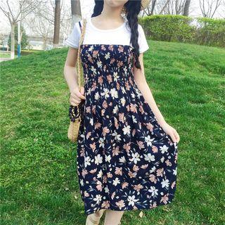 Set: Crew-neck Short-sleeve T-shirt + Printed Spaghetti Strap Dress