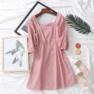 Checked Elbow-sleeve A-line Dress