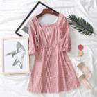 Checked Elbow-sleeve A-line Dress