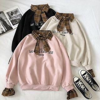 Mock Two-piece Lettering Embroidered Panel Faux Suede Sweatshirt