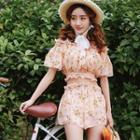 Set: Floral Print Bikini + Swim Shorts + Short-sleeve Top