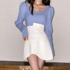 Puff-sleeve Sweater / Irregular Hem Mini A-line Skirt