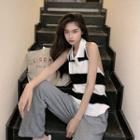 Halter-neck Striped Sleeveless Polo Top Stripes - Black & White - One Size