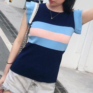 Sleeveless Frill Trim Color Block Knit Top