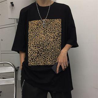 Leopard Print Elbow-sleeve T-shirt Black - One Size