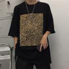 Leopard Print Elbow-sleeve T-shirt Black - One Size