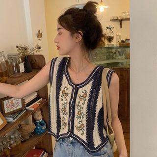 Flower Embroidered Button-up Vest Vest - Off-white & Navy Blue - One Size