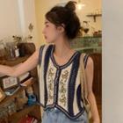 Flower Embroidered Button-up Vest Vest - Off-white & Navy Blue - One Size