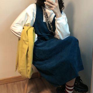 Long-sleeve Mock Neck Plain Top / Sleeveless Plain Corduroy Dress