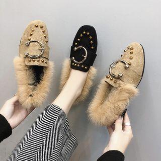 Furry-trim Buckled Studded Loafers