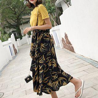 Set: Plain Short Sleeve T-shirt + Floral Print Midi Suspender Skirt
