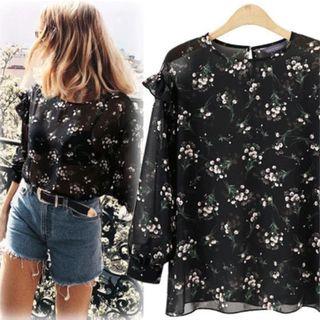 Bell-sleeve Long-sleeved Floral Print Oversized Crewneck Chiffon Slim Blouse
