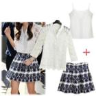 Set: Lace Blouse + Camisole + Print A-line Skirt