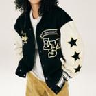 Lettering Faux Leather Panel Two-tone Baseball Jacket