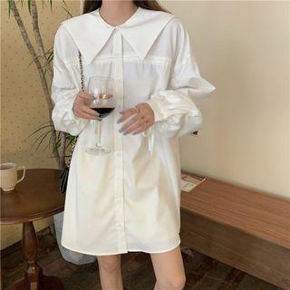 Long-sleeve Plain Tie-waist Mini Dress White - One Size