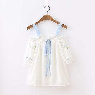 Embroidered Off Shoulder Elbow-sleeve Top