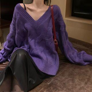 V-neck Cable Knit Long-sleeve Sweater Purple - One Size