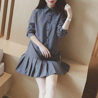 Long-sleeve Pleated Mini A-line Shirtdress