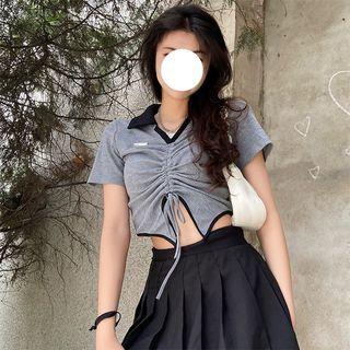Short-sleeve Ribbed Drawstring Polo Shirt