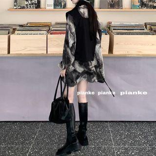 Loose-fit Printed Long Shirt / Knit Vest