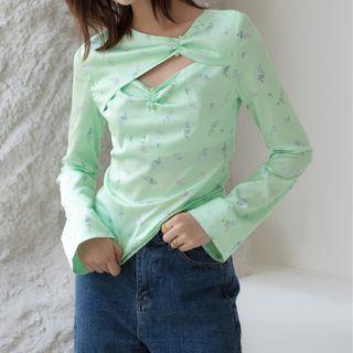 Bell-sleeve Floral Print Cutout T-shirt