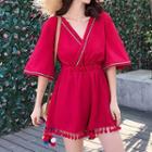 Embroidered Elbow-sleeve Tie-back Playsuit