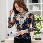 Long-sleeve Floral Lace-panel Blouse