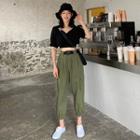 V-neck Short-sleeve Cropped Blouse / Buckled Cropped Cargo Pants
