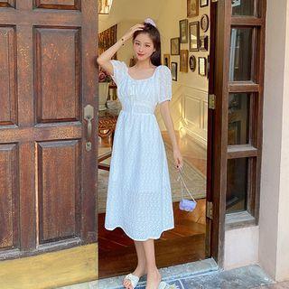 Short-sleeve Gather Waist Plain Dress