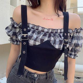 Cold-shoulder Plaid Panel Short-sleeve Cropped Top