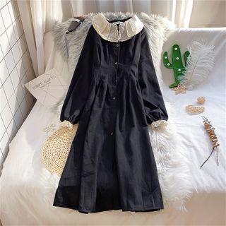 Eyelet Trim Buttoned Long-sleeve Midi A-line Dress