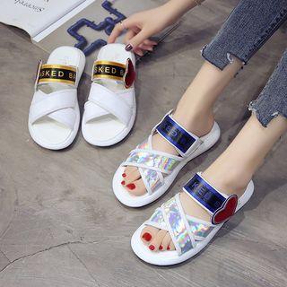 Lettering Heart Cross Strap Slide Sandals