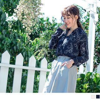 Lapel Collar Printed Long-sleeve Chiffon Blouse
