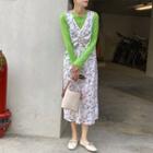 Long-sleeve Top / Floral Print Midi A-line Pinafore Dress
