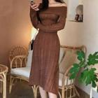 Off-shoulder Cable-knit Midi A-line Sweater Dress Dark Brown - One Size