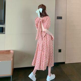 Puff-sleeve Tie-back Patterned Midi Dress As Shown In Figure - One Size