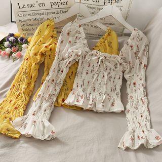 Square-neck Printed Smocked Crop Top