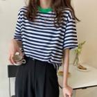 Short-sleeve Striped Loose-fit T-shirt As Figure - One Size