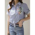 Tab-sleeve Printed Stripe Blouse Blue - One Size