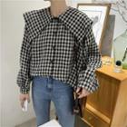 Lapel Plaid Long-sleeve Shirt Black - One Size
